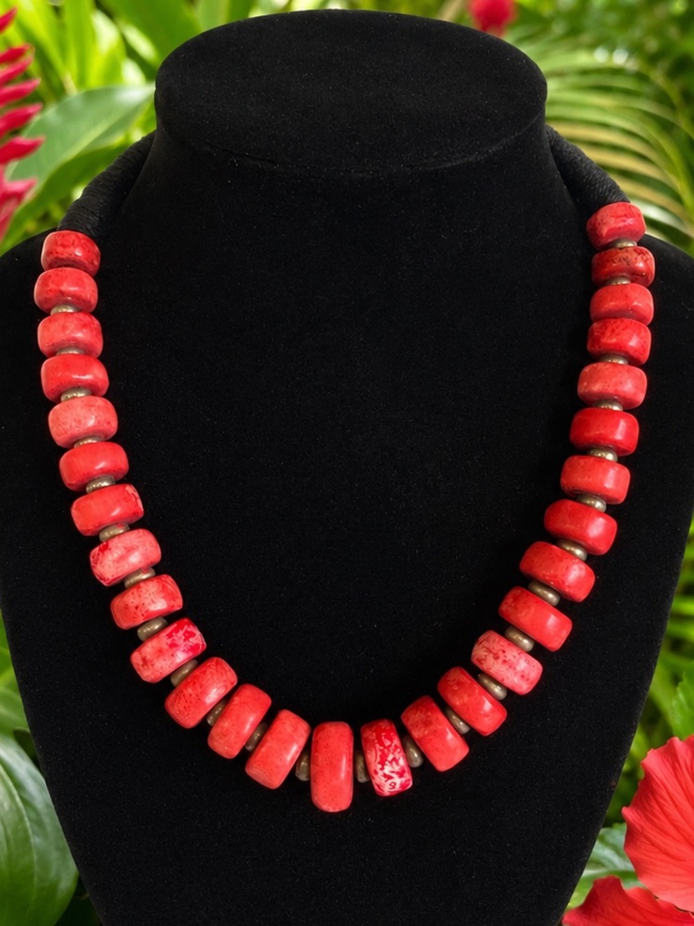 Vintage Red Bamboo Coral Necklace Chunky Barrel Beads Boho Southwestern Statemen